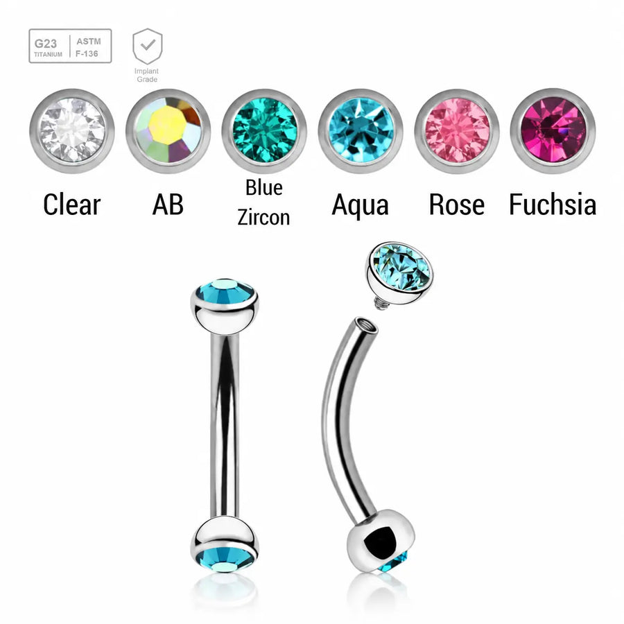 Pack of 5 high polished titanium internally threaded eyebrow bananas, Thickness 1.2mm, with two half balls with a bezel set crystal