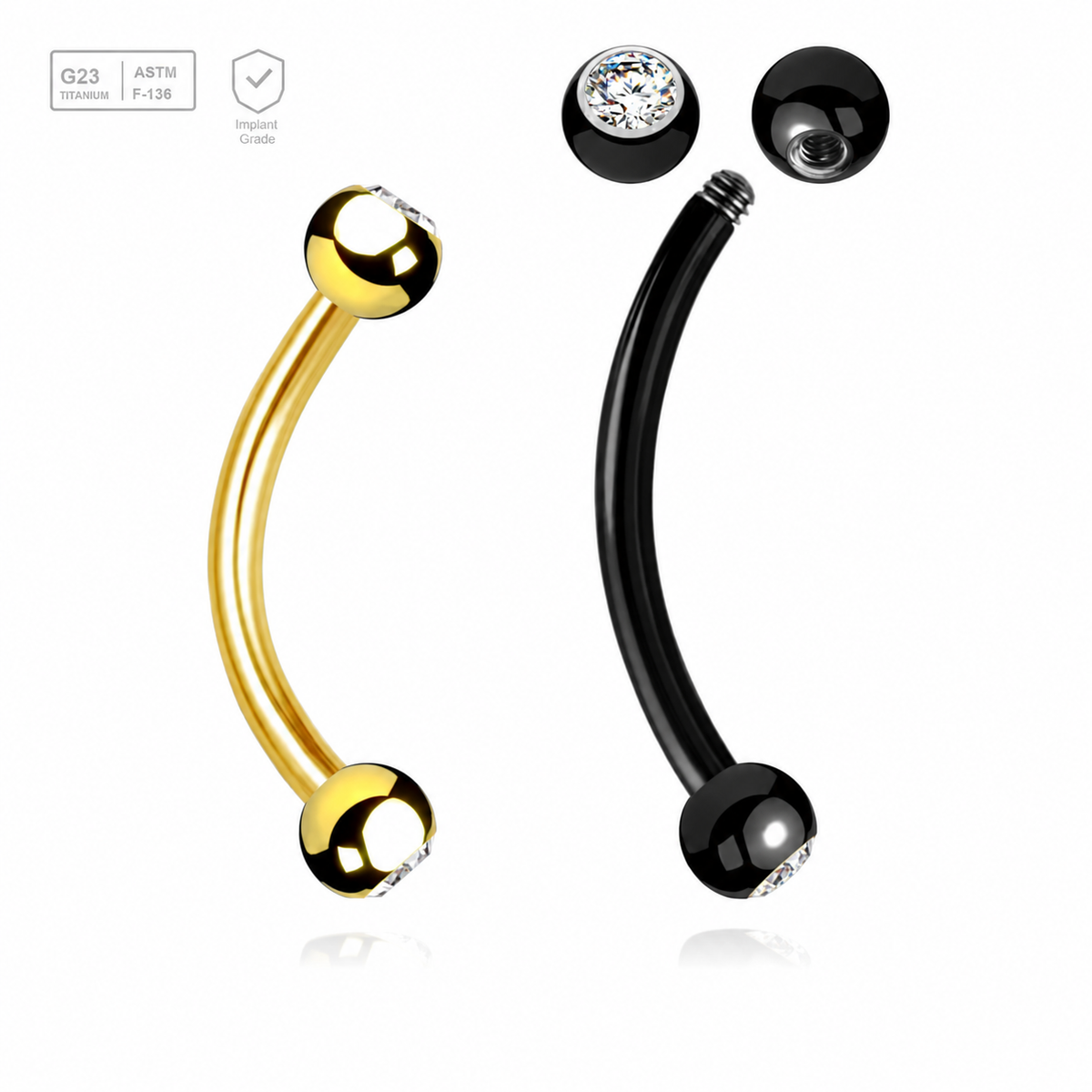 Pack of 5 Titanium eyebrow bananas, Thickness 1.2mm, with two 3mm bezel set crystal balls