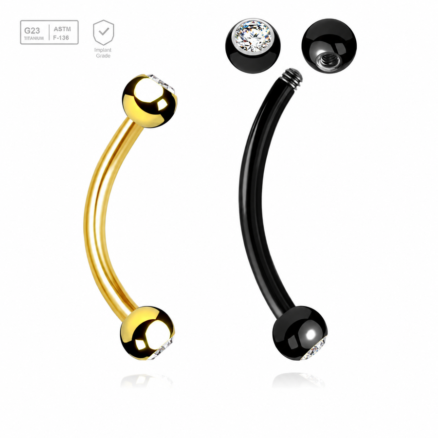 Pack of 5 Titanium eyebrow bananas, Thickness 1.2mm, with two 3mm bezel set crystal balls