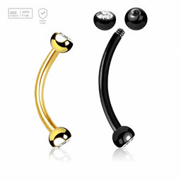 Pack of 5 Titanium eyebrow bananas, Thickness 1.2mm, with two 3mm half balls with a bezel set crystal