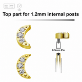 Pack of 5 Gold PVD plated Titanium G23 Internally threaded labret tops with a small moon with 3 CZ, Thread size 0.9mm