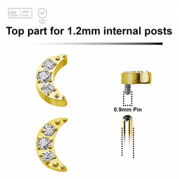 Pack of 5 Gold PVD plated Titanium G23 Internally threaded labret tops with a small moon with 3 CZ, Thread size 0.9mm