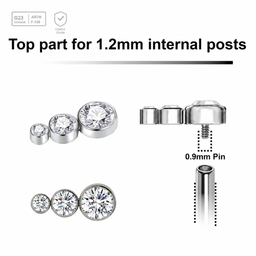 Pack of 5 Titanium Internally threaded labret tops 3 small round disk with bezel set crystals, Thread size 0.9mm