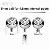Pack of 5 high polished titanium G23 balls with bezel set crystal with 5mm diameter for 1.6mm internally threaded posts