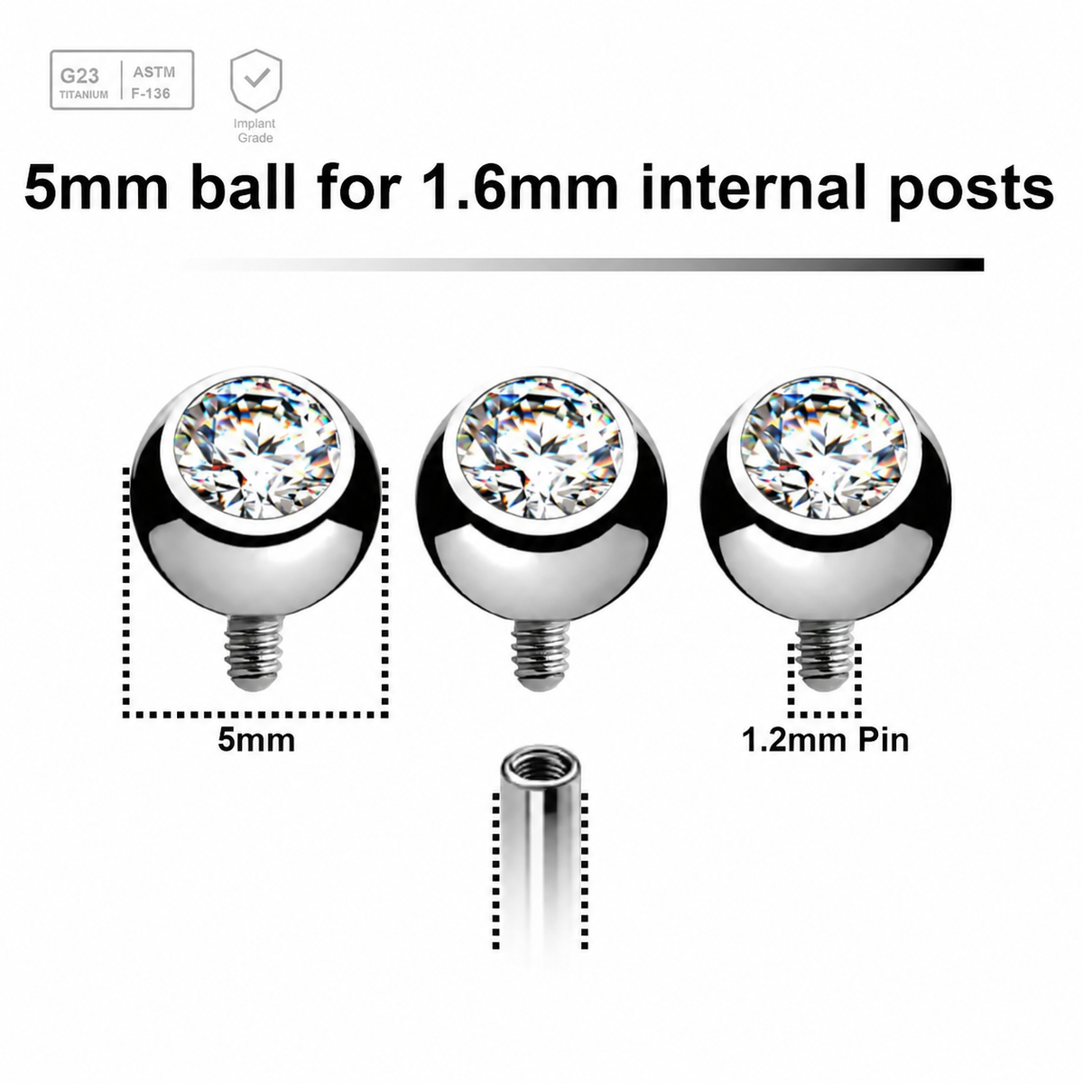 Pack of 5 high polished titanium G23 balls with bezel set crystal with 5mm diameter for 1.6mm internally threaded posts