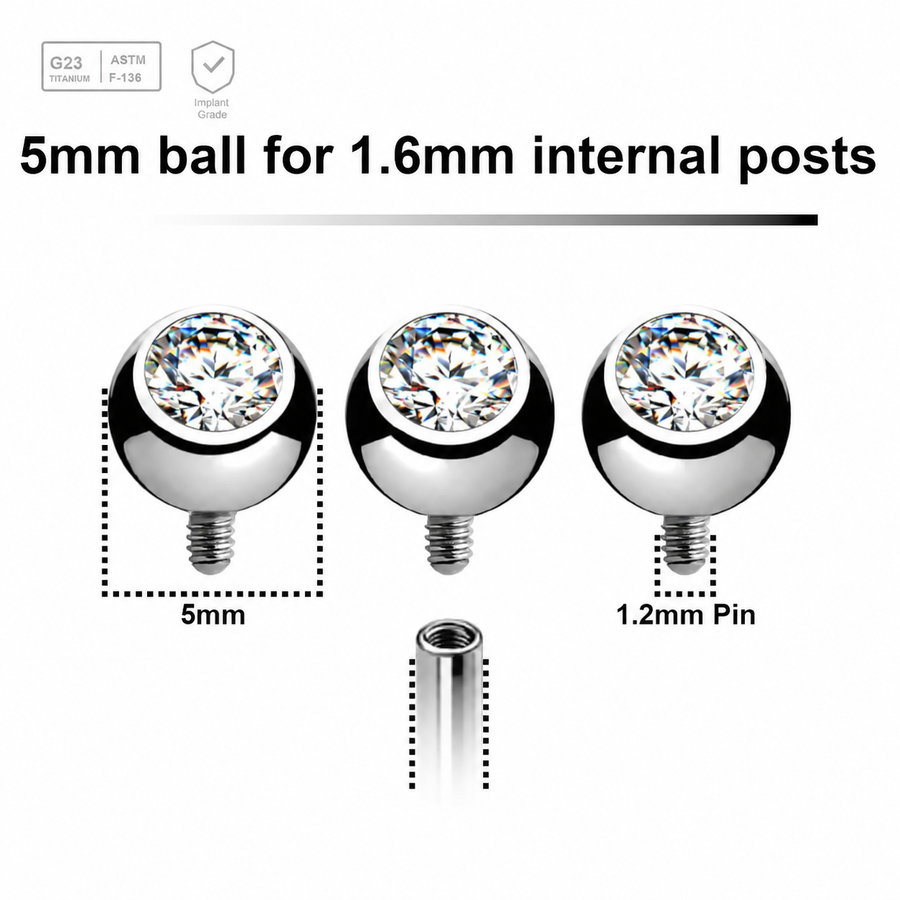 Pack of 5 high polished titanium G23 balls with bezel set crystal with 5mm diameter for 1.6mm internally threaded posts