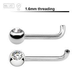 Pack of 5 titanium internally threaded Christina barbell post with a rise of 2.5mm, and one 5mm upward facing bezel set jewel ball, thickness 1.6mm