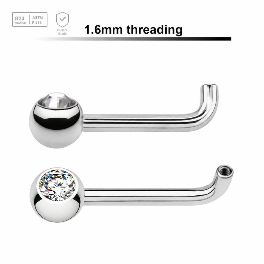 Pack of 5 titanium internally threaded Christina barbell post with a rise of 2.5mm, and one 5mm upward facing bezel set jewel ball, thickness 1.6mm