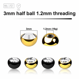 Pack of 5 PVD plated titanium G23 half jewel balls with a 3mm diameter and a bezel set crystal, 1.2mm external threading