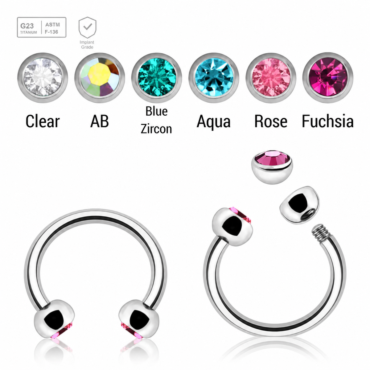 Pack of 5 Titanium circular barbells, Thickness 1.2mm, with two 3mm half balls with a bezel set crystal