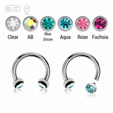 Pack of 5 high polished titanium internally threaded circular barbells, Thickness 1.2mm, with two half balls with a bezel set crystal