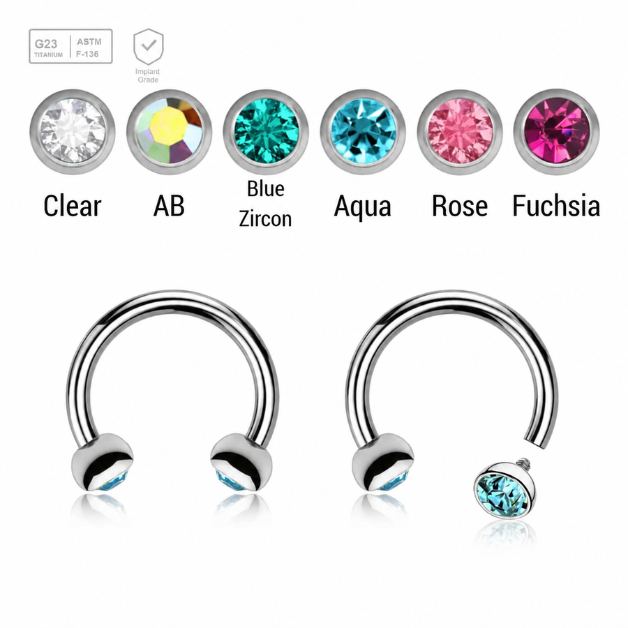 Pack of 5 high polished titanium internally threaded circular barbells, Thickness 1.2mm, with two half balls with a bezel set crystal
