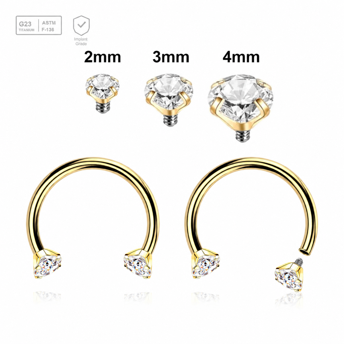 Pack of 5 PVD plated titanium internally threaded circular barbells, Thickness 1.2mm, with prong set CZ stones