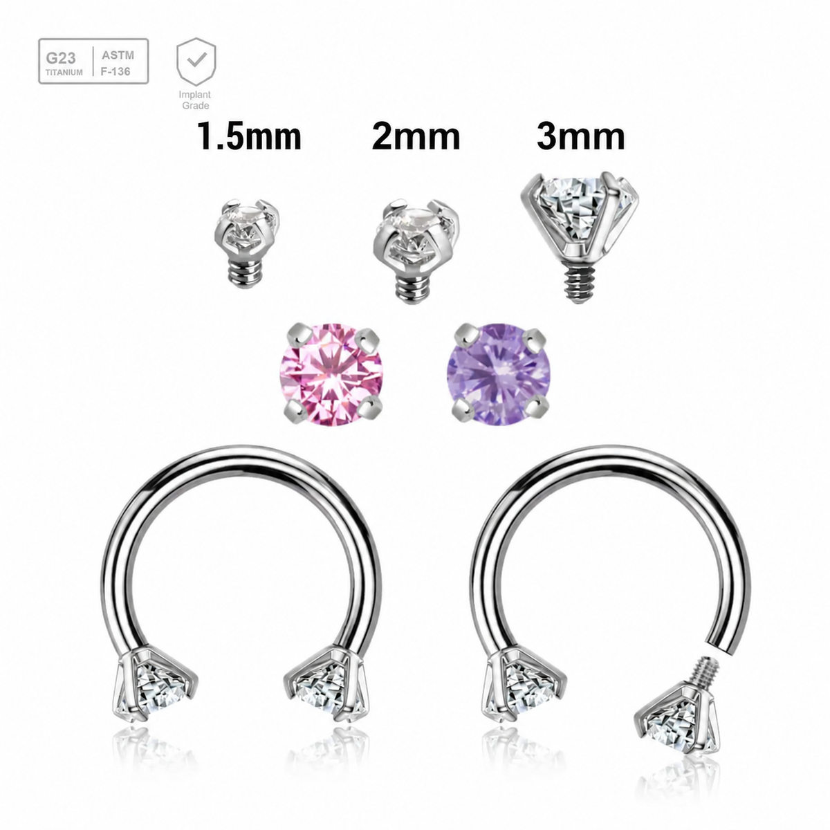 Pack of 5 high polished titanium internally threaded circular barbells, Thickness 1.2mm, with prong set CZ stones