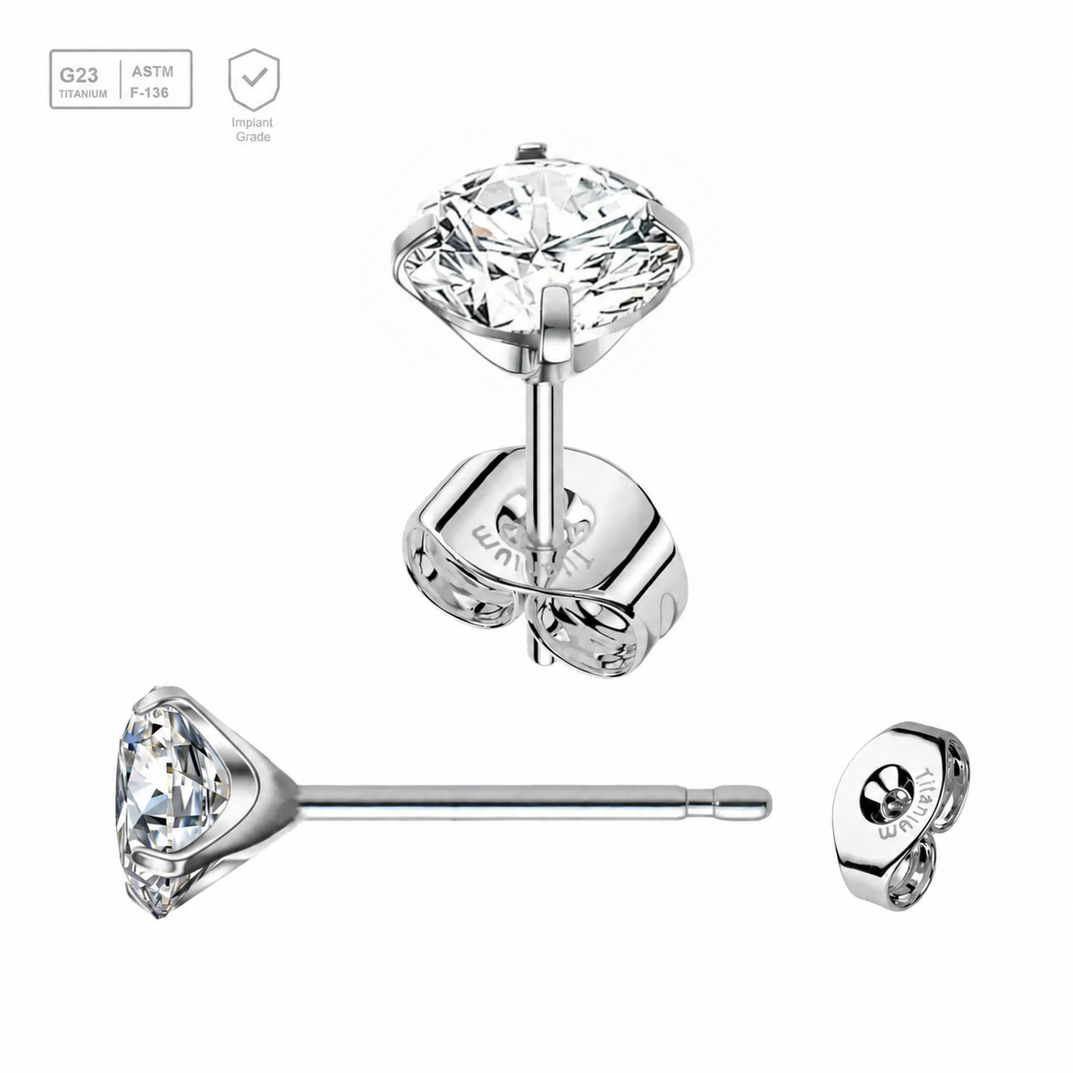 Pack of 5 Titanium G23 Ear studs with prong set cubic zirconia and butterflies with titanium engraving