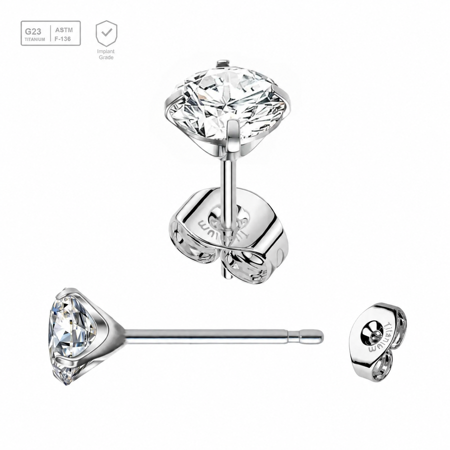 Pack of 5 Titanium G23 Ear studs with prong set cubic zirconia and butterflies with titanium engraving