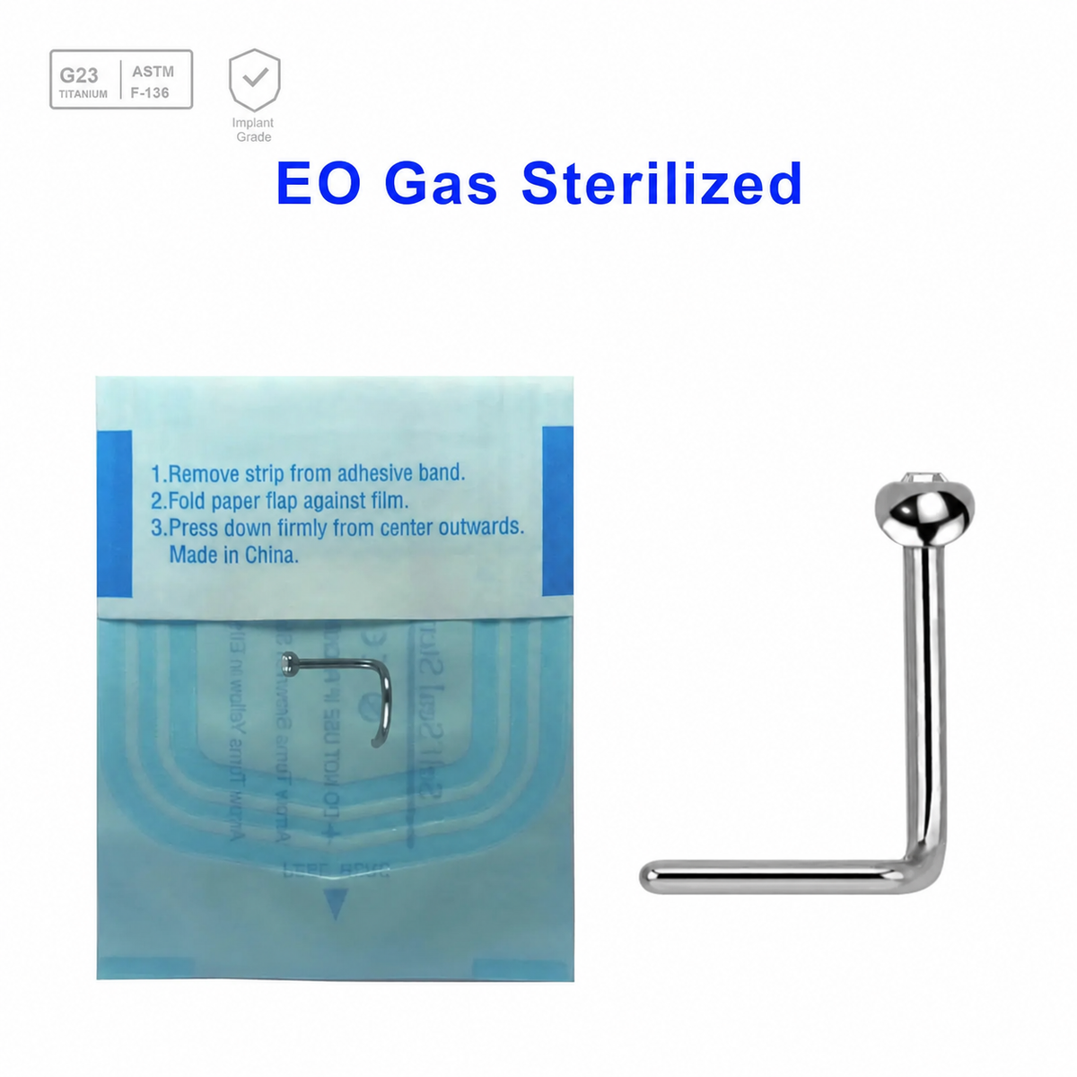 Sterilized body piercing pack of 5 Titanium G23 nose screws with 2mm rounded top with bezel set crystal, thickness 0.8mm