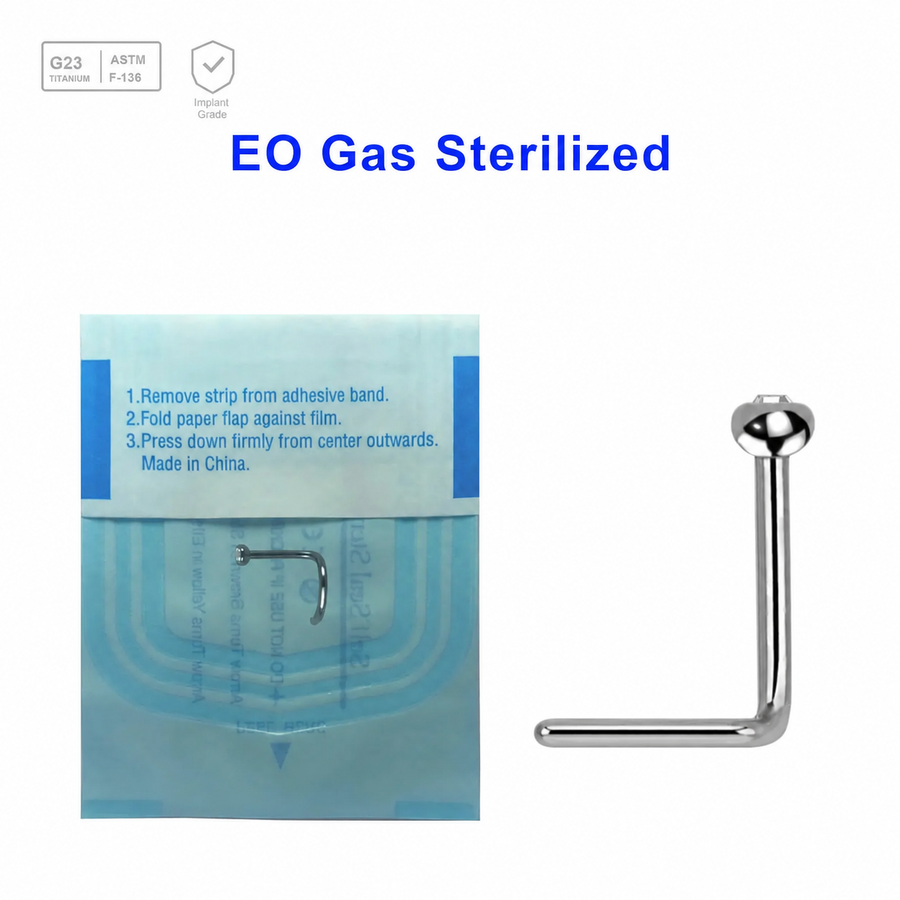 Sterilized body piercing pack of 5 Titanium G23 nose screws with 2mm rounded top with bezel set crystal, thickness 0.8mm