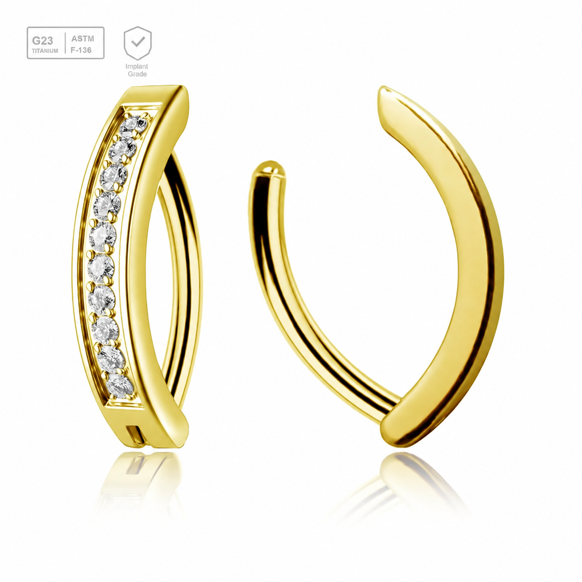Pack of 5 Gold PVD plated Titanium hinged belly bananas with forward facing round CZ stones, Thickness 1.6mm