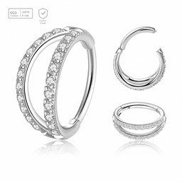 Pack of 5 Titanium hinged segment rings with a double hoop design with outward facing CZ stones, Thickness 1.2mm