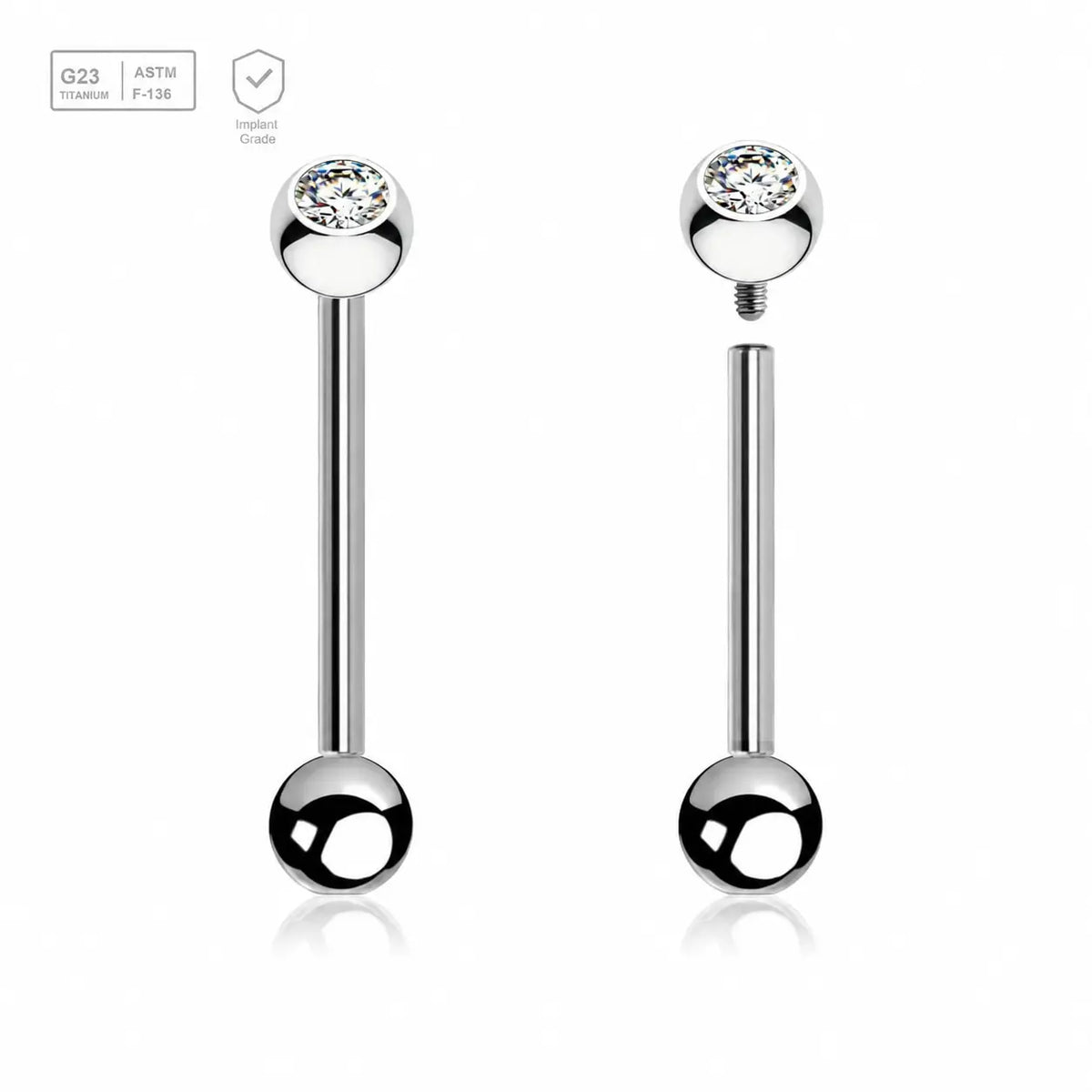 Polished titanium tongue barbell with a 5mm bezel-set crystal ball and plain ball