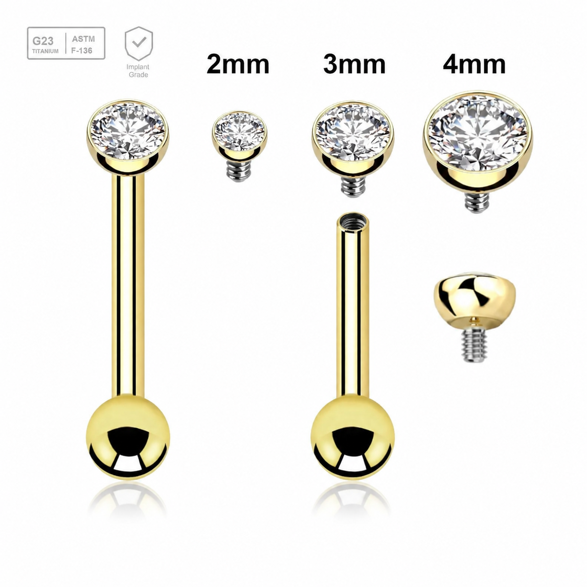 Gold PVD titanium tragus barbell with a crystal-set half-ball top and 3mm plain ball