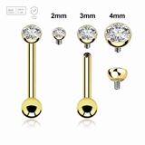 Gold PVD titanium tragus barbell with a crystal-set half-ball top and 3mm plain ball