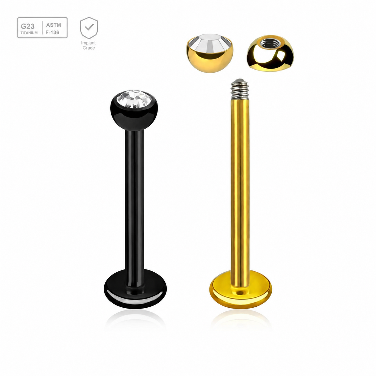 Pack of 5 Titanium tragus barbells, Thickness 1.2mm, with a top 3mm half ball with a bezel set crystal and a lower 3mm plain ball