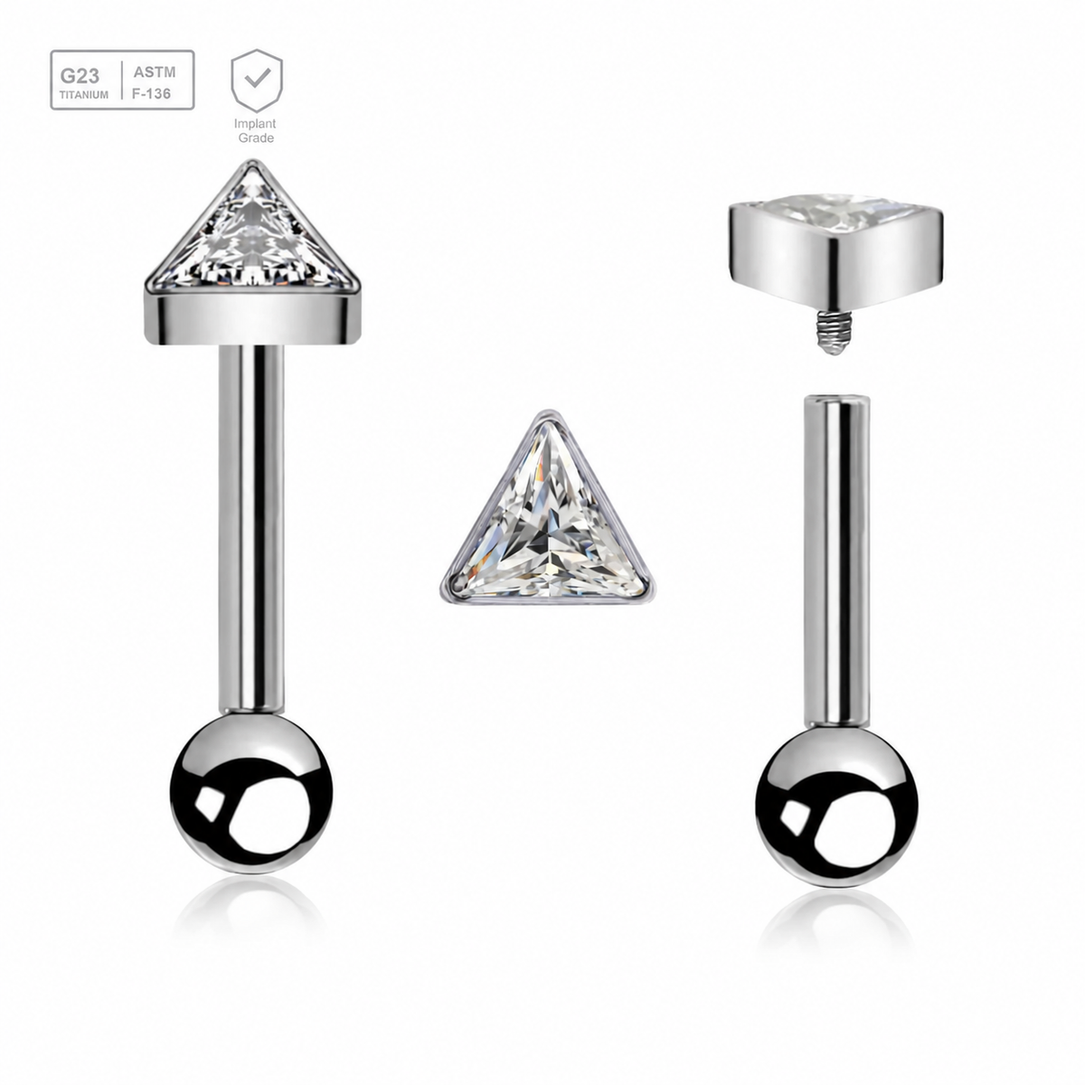 Polished titanium tragus barbell with a triangular CZ top and 3mm plain ball