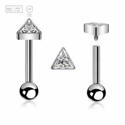 Polished titanium tragus barbell with a triangular CZ top and 3mm plain ball