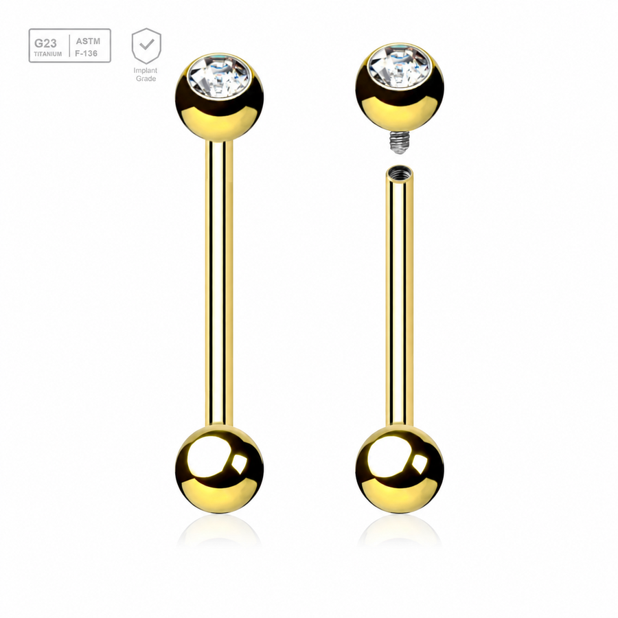 Gold PVD titanium tongue barbell with a 5mm bezel-set crystal ball and plain ball