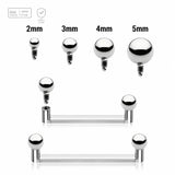 Pack of 5 high polished titanium internally threaded flat surface barbells with a 90 degree angle and 2mm height, thickness 1.6mm and plain balls