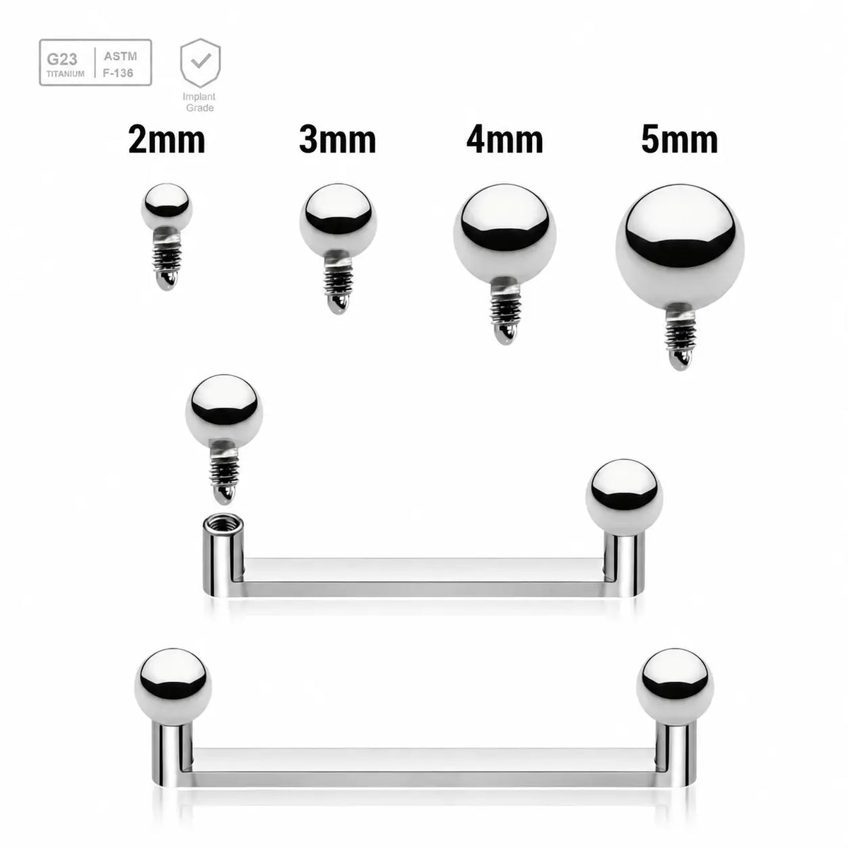 Pack of 5 high polished titanium internally threaded flat surface barbells with a 90 degree angle and 2mm height, thickness 1.6mm and plain balls