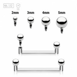 Pack of 5 high polished titanium internally threaded flat surface barbells with a 90 degree angle and 2mm height, thickness 1.6mm and plain balls