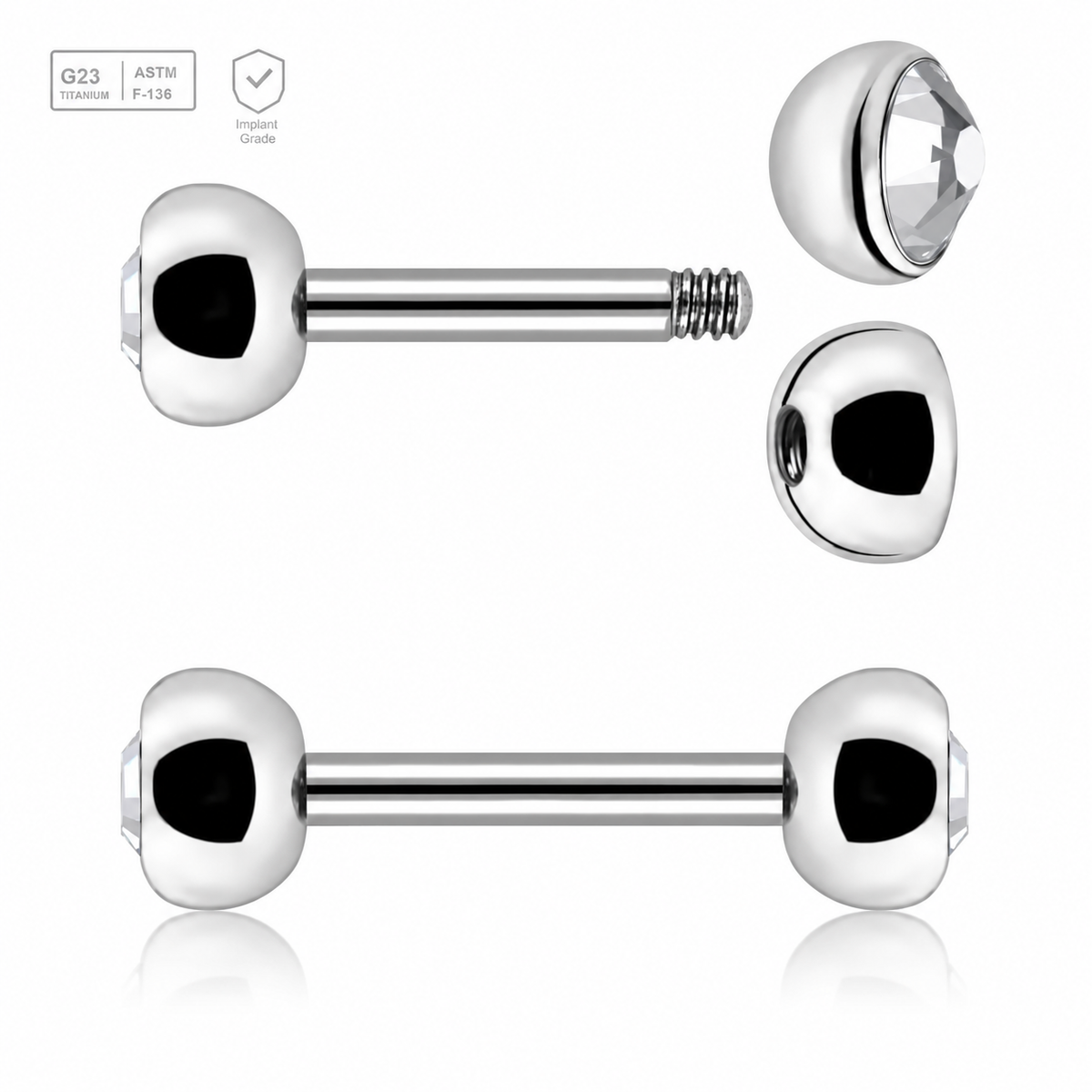 Pack of 5 Titanium helix or eyebrow barbells, Thickness 1.2mm, with two 4mm half balls with a bezel set crystal
