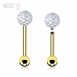 Gold PVD titanium tragus barbell with a 4mm epoxy-covered multi-crystal top and 3mm plain ball