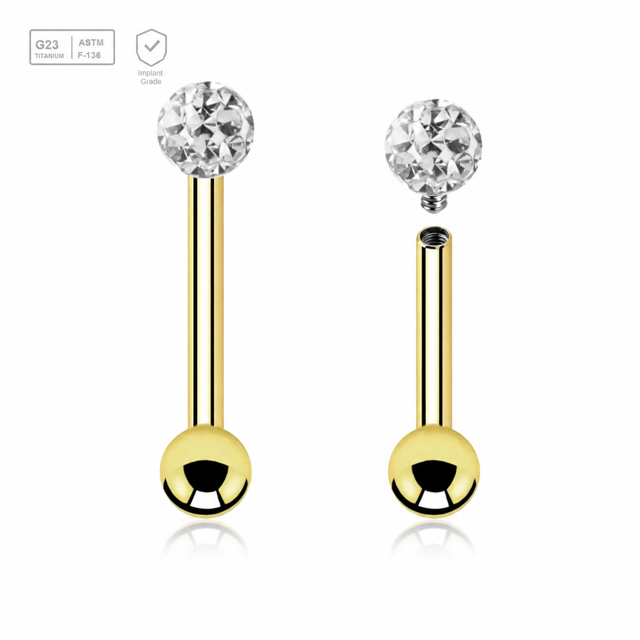 Gold PVD titanium tragus barbell with a 3mm epoxy-covered multi-crystal top and plain ball