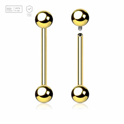 Pack of 5 Gold PVD plated titanium internally threaded tongue barbells, Thickness 1.6mm, Ball size 5mm
