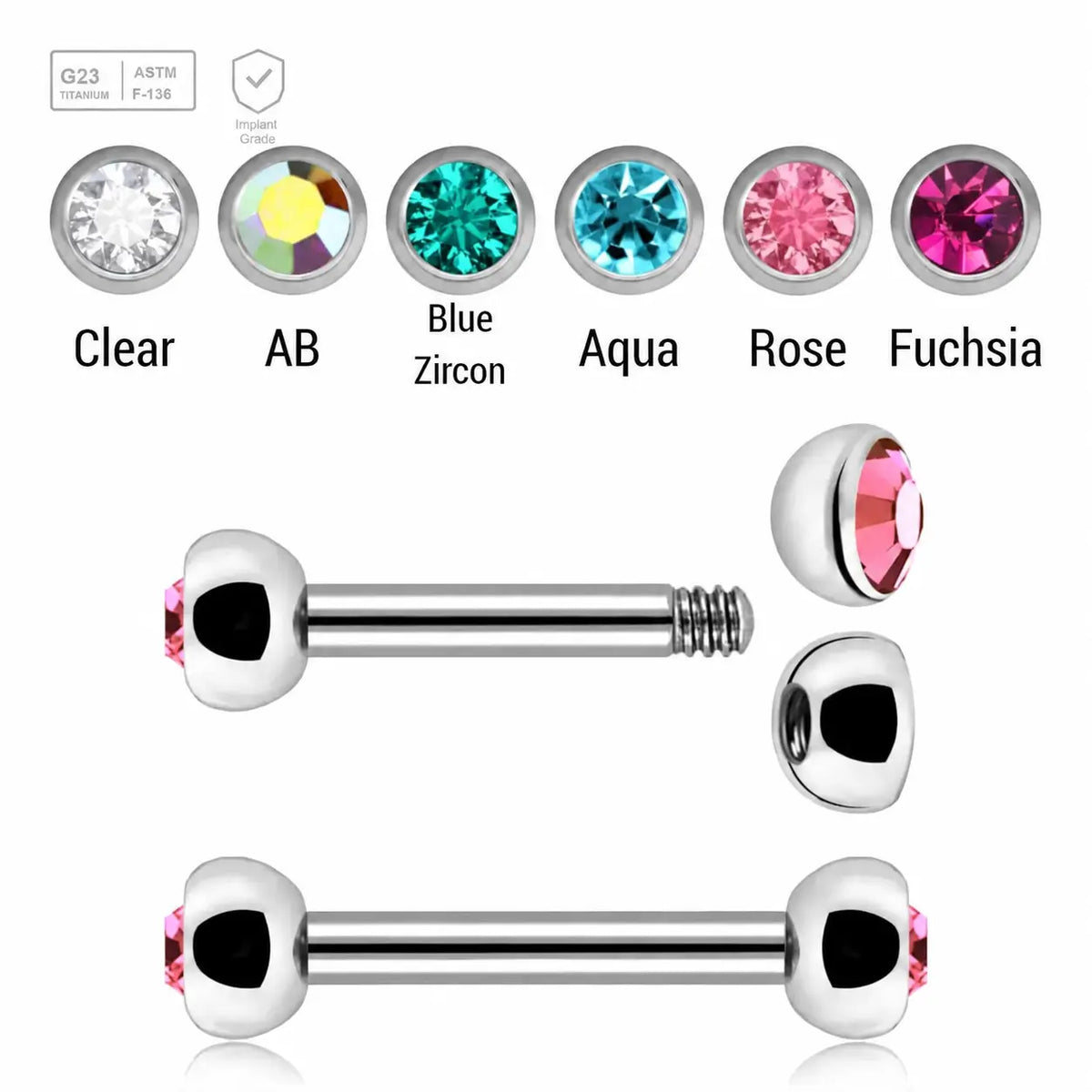 Pack of 5 Titanium helix or eyebrow barbells, Thickness 1.2mm, with two 3mm half balls with a bezel set crystal
