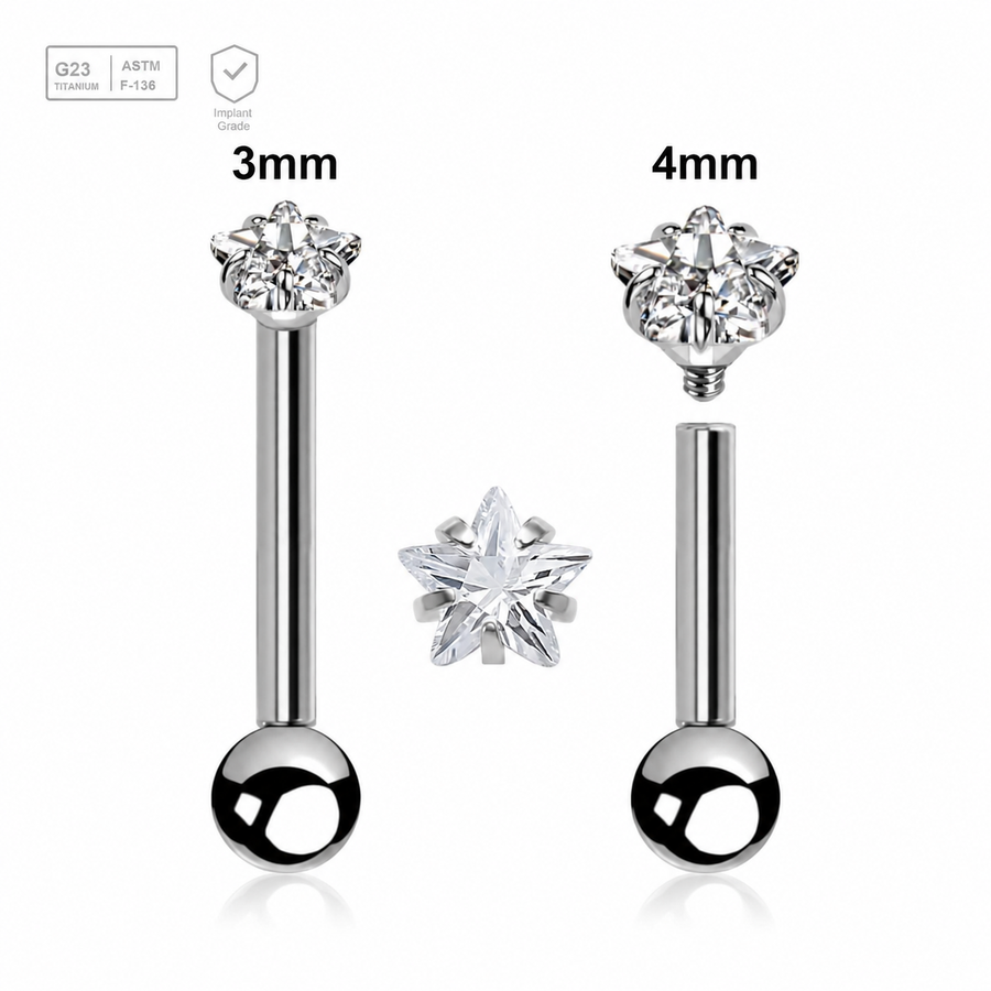Polished titanium tragus barbell with a prong-set star CZ top and 3mm plain ball