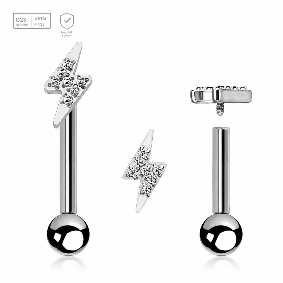 Pack of 5 high polished titanium internally threaded tragus barbells, Thickness 1.2mm, with a lightning bolt top and a lower 3mm plain ball
