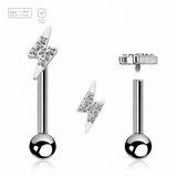 Pack of 5 high polished titanium internally threaded tragus barbells, Thickness 1.2mm, with a lightning bolt top and a lower 3mm plain ball