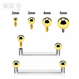 Polished titanium flat surface barbell with 90-degree ends and gold PVD balls