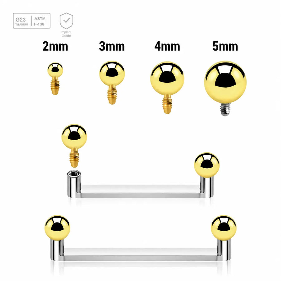 Polished titanium flat surface barbell with 90-degree ends and gold PVD balls