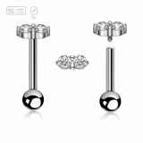 Pack of 5 high polished titanium internally threaded tragus barbells, Thickness 1.2mm, with twin 2mm prong set CZ stones and a lower 3mm plain ball