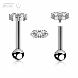 Pack of 5 high polished titanium internally threaded tragus barbells, Thickness 1.2mm, with twin 2mm prong set CZ stones and a lower 3mm plain ball