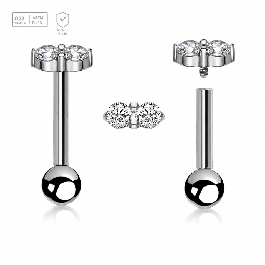 Pack of 5 high polished titanium internally threaded tragus barbells, Thickness 1.2mm, with twin 2mm prong set CZ stones and a lower 3mm plain ball
