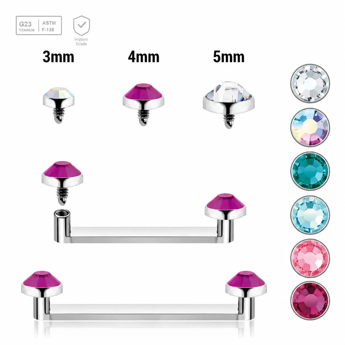 Pack of 5 high polished titanium internally threaded flat surface barbells with a 90 degree angle and 2mm height, thickness 1.6mm and flat jewel tops
