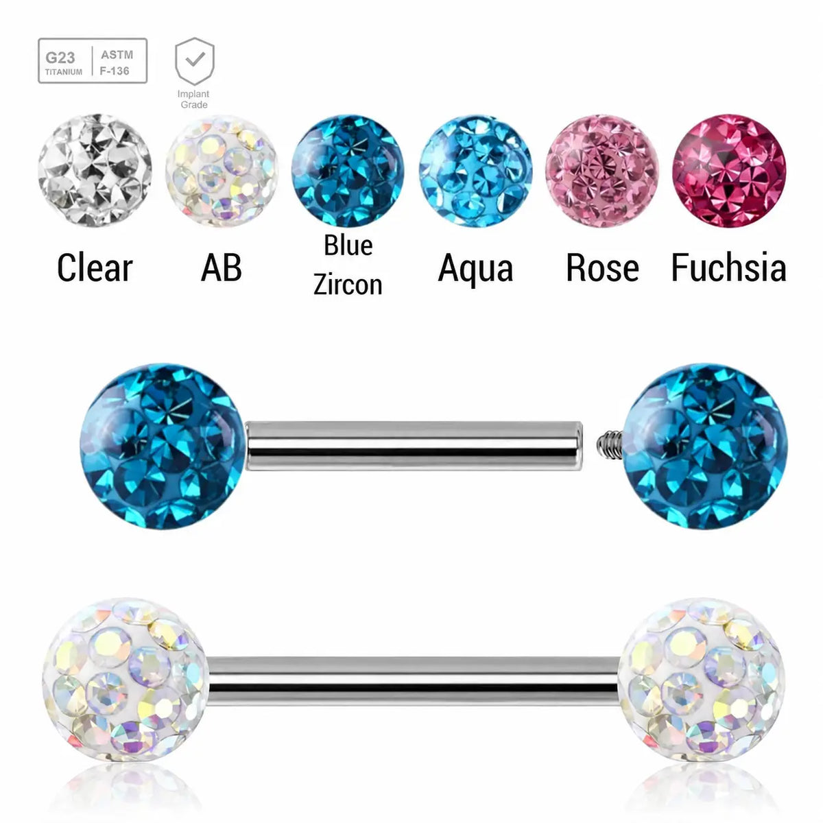 Pack of 5 high polished titanium internally threaded eyebrow barbells, Thickness 1.2mm, with two 4mm multi-crystal balls with epoxy resin cover.