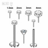 20g Threadless CZ Labrets, 5 Pack | Axis Titanium — Titanium silver color, clear CZ/crystal, size and threadless assembly views